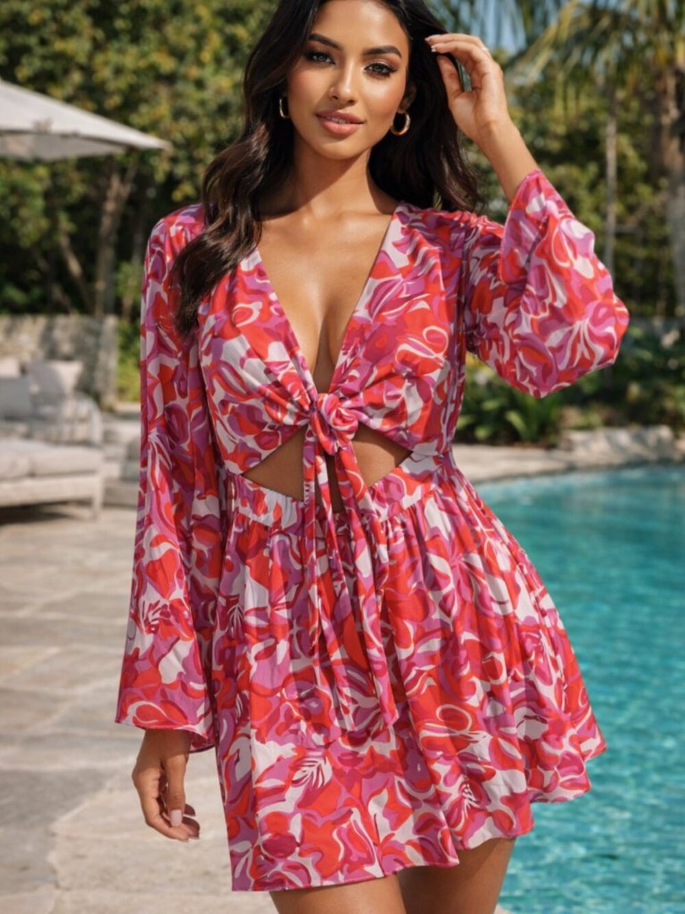 Pink Lily Pink & Red Floral Long Sleeve Mini Dress
